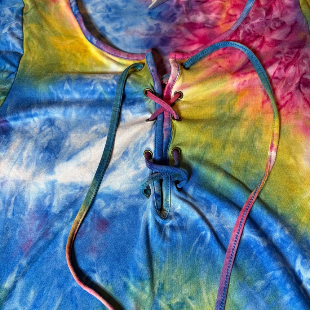 LA Gypsy Womens Tie Dye Lace Up Front Bodysuit Blue Yellow Pink Size Medium - Picture 3 of 7